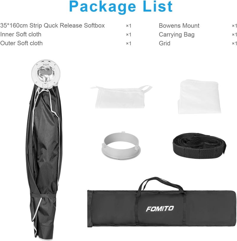 FOMITO 14"x63"/35x160cm Rectangular Softbox, Quick Release Bowens Mount Softbox with Honeycomb Grid, Light Diffusers, Bag for Godox SL-60W SL60IID SL150R SL300R Aputure 120d etc - Image 5